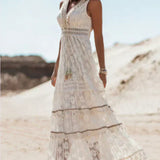 Boho Maxi Jurk met Kant Details en V Hals