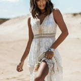 Boho Maxi Jurk met Kant Details en V Hals