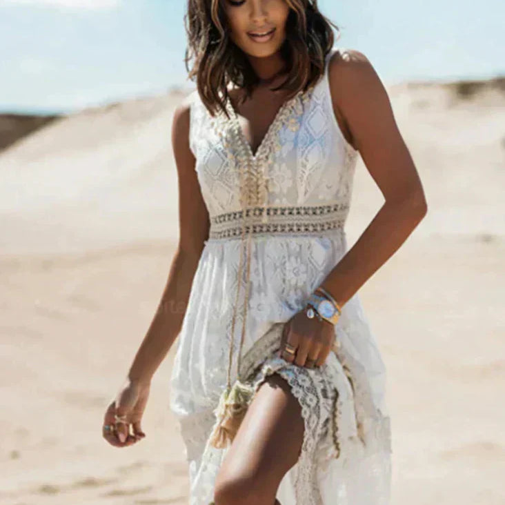 Boho Maxi Jurk met Kant Details en V Hals