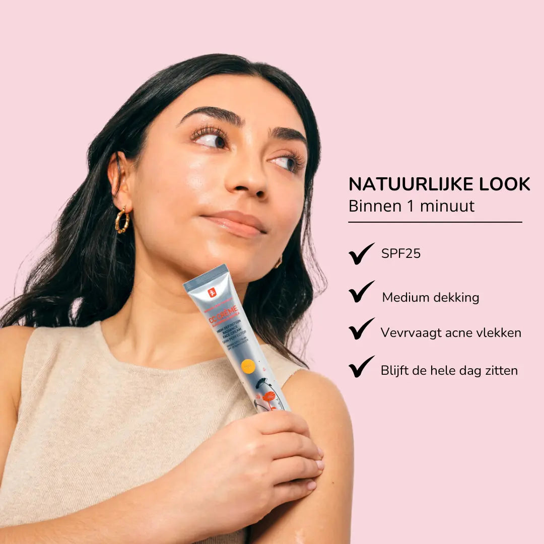 CC crème – biedt egaliserende dekking en intensieve hydratatie in één product. Verbergt onzuiverheden en verzorgt de huid voor een frisse, natuurlijke uitstraling.
