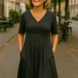 Dames Midi Jurk met V-Hals en Korte Mouwen