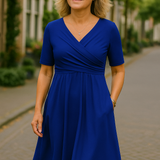Dames Midi Jurk met V-Hals en Korte Mouwen