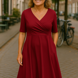 Dames Midi Jurk met V-Hals en Korte Mouwen