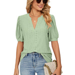 Losse Blouse met V-Hals & Gepofte Mouwen voor Dames – Elegante en Luchtige Blouse voor Zomeroutfits, Perfect voor Casual Chic Looks of Kantoorstijl.