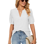 Losse Blouse met V-Hals & Gepofte Mouwen voor Dames – Elegante en Luchtige Blouse voor Zomeroutfits, Perfect voor Casual Chic Looks of Kantoorstijl.