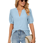 Losse Blouse met V-Hals & Gepofte Mouwen voor Dames – Elegante en Luchtige Blouse voor Zomeroutfits, Perfect voor Casual Chic Looks of Kantoorstijl.