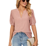 Losse Blouse met V-Hals & Gepofte Mouwen voor Dames – Elegante en Luchtige Blouse voor Zomeroutfits, Perfect voor Casual Chic Looks of Kantoorstijl.