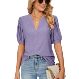Losse Blouse met V-Hals & Gepofte Mouwen voor Dames – Elegante en Luchtige Blouse voor Zomeroutfits, Perfect voor Casual Chic Looks of Kantoorstijl.