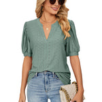 Losse Blouse met V-Hals & Gepofte Mouwen voor Dames – Elegante en Luchtige Blouse voor Zomeroutfits, Perfect voor Casual Chic Looks of Kantoorstijl.