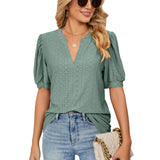 Losse Blouse met V-Hals & Gepofte Mouwen voor Dames – Elegante en Luchtige Blouse voor Zomeroutfits, Perfect voor Casual Chic Looks of Kantoorstijl.
