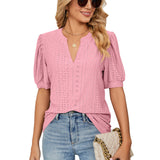 Losse Blouse met V-Hals & Gepofte Mouwen voor Dames – Elegante en Luchtige Blouse voor Zomeroutfits, Perfect voor Casual Chic Looks of Kantoorstijl.