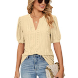Losse Blouse met V-Hals & Gepofte Mouwen voor Dames – Elegante en Luchtige Blouse voor Zomeroutfits, Perfect voor Casual Chic Looks of Kantoorstijl.