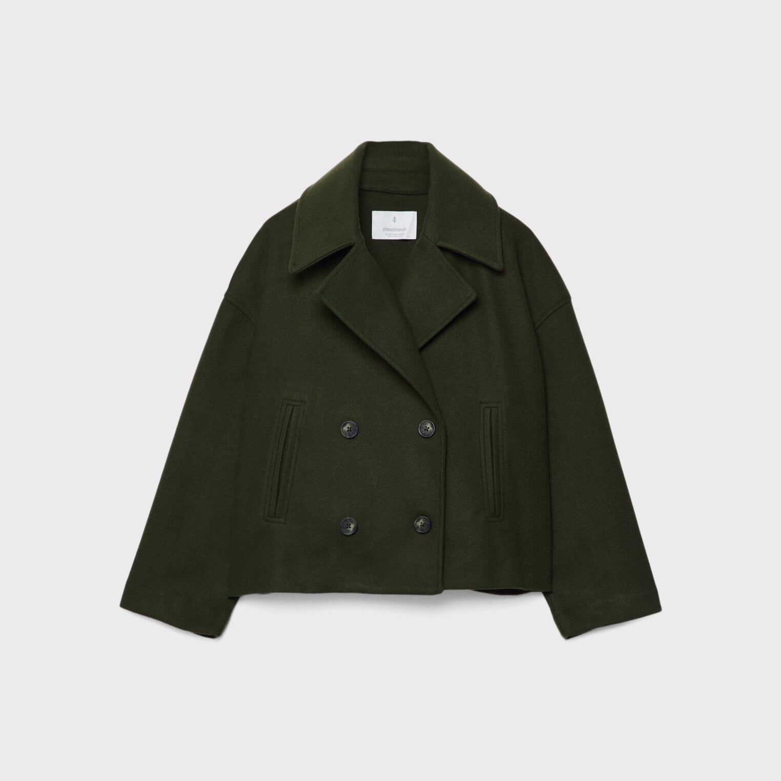 Elara chique korte jas voor dames – stijlvolle jas met dubbele rij knoopsluiting, hoogwaardige stof en comfortabele pasvorm, perfect voor werk of speciale gelegenheden.