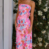 Straploze Midi Jurk met Bloemenprint
