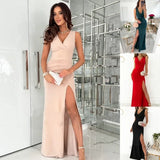 Elegante Maxi Jurk met V Hals en Hoge Split