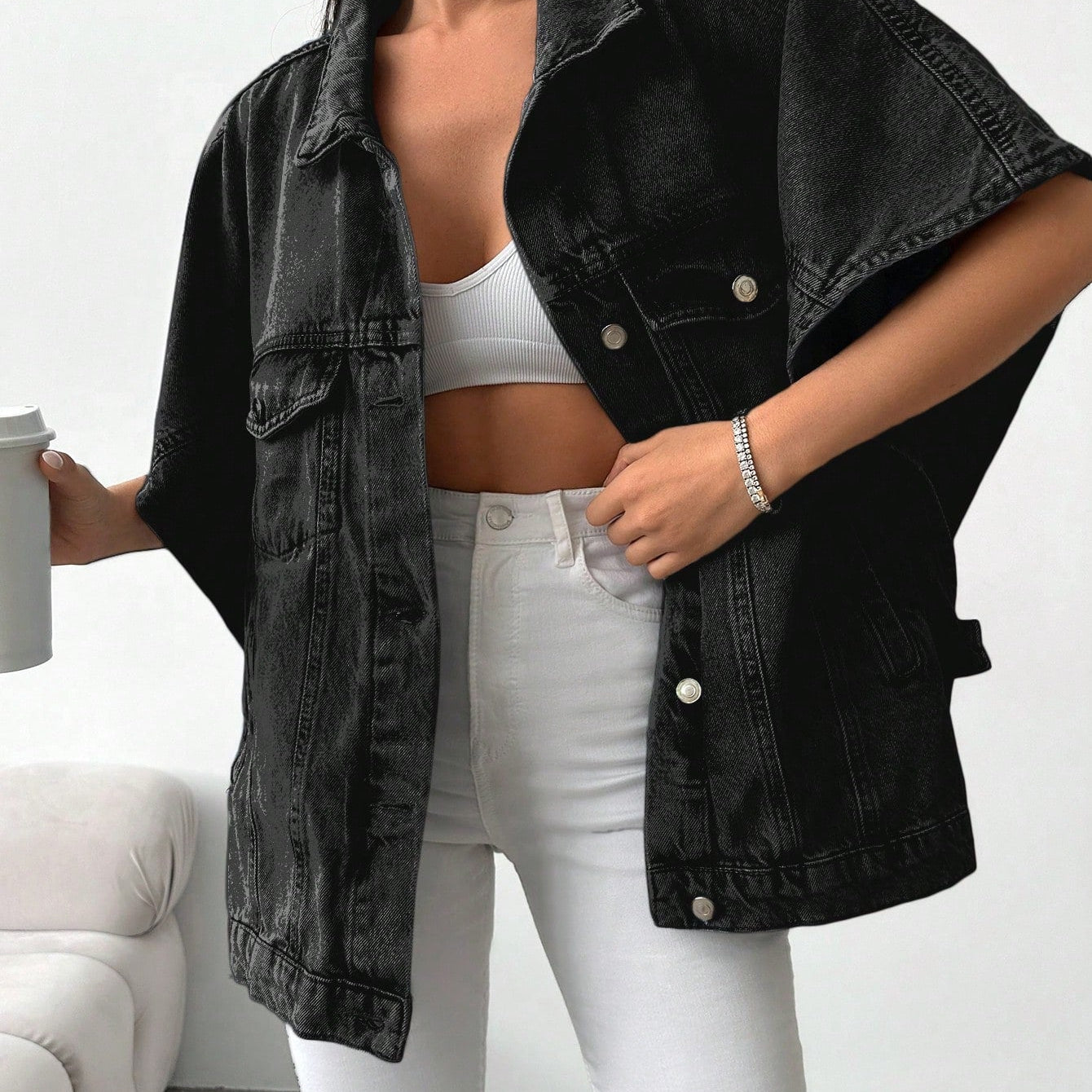 Oversized Denim Blouse met Korte Mouwen en Stoere Look