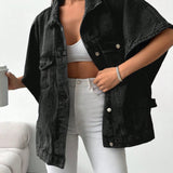 Oversized Denim Blouse met Korte Mouwen en Stoere Look