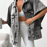 Oversized Denim Blouse met Korte Mouwen en Stoere Look