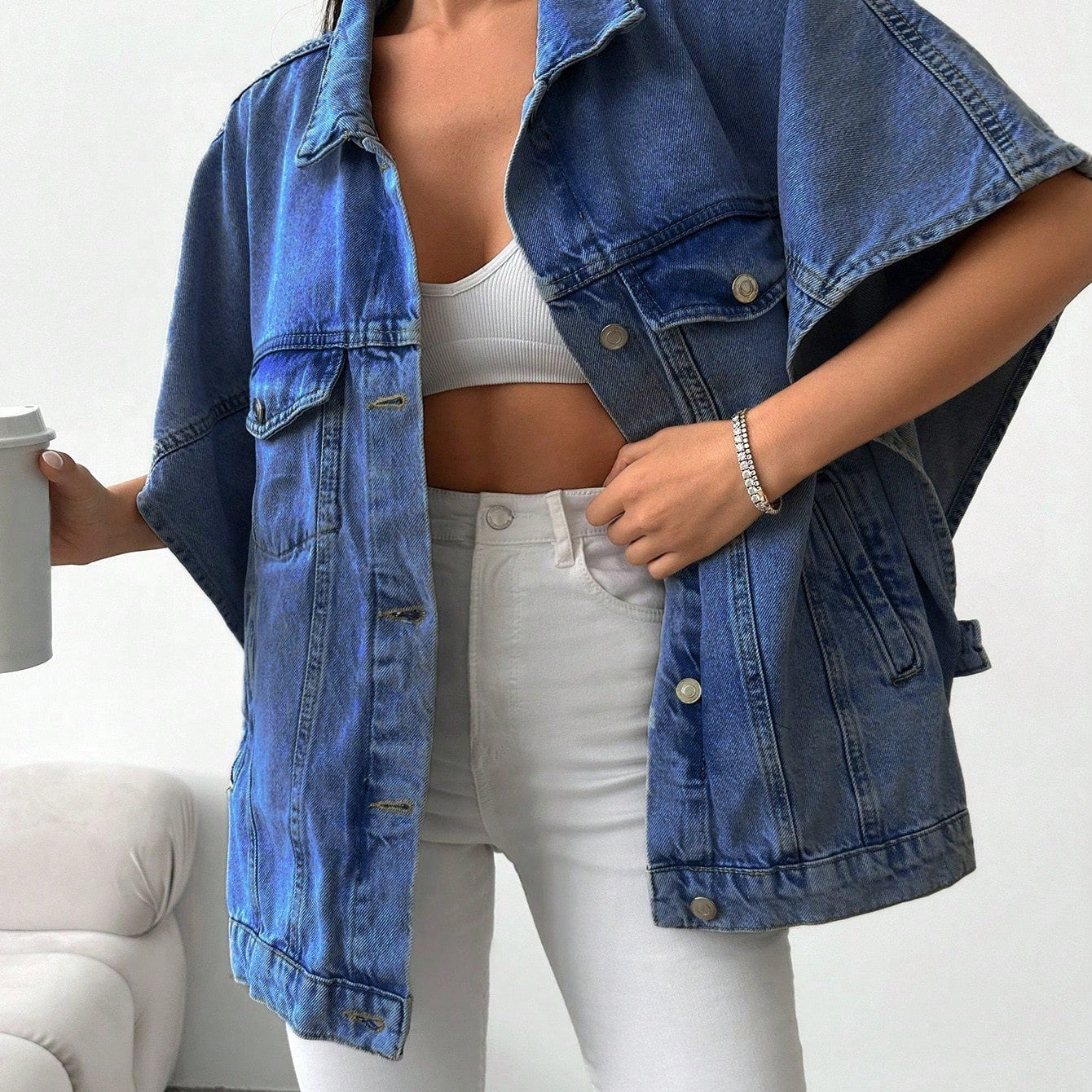 Oversized Denim Blouse met Korte Mouwen en Stoere Look
