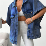 Oversized Denim Blouse met Korte Mouwen en Stoere Look