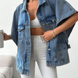 Oversized Denim Blouse met Korte Mouwen en Stoere Look