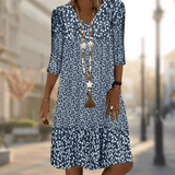 Blauwe Bloemenprint Midi Jurk