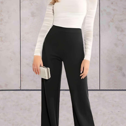 Lorena – Stijlvolle casual broek voor dames met wijde pijpen en een hoge stretch taille, perfect voor een comfortabele en modieuze look.