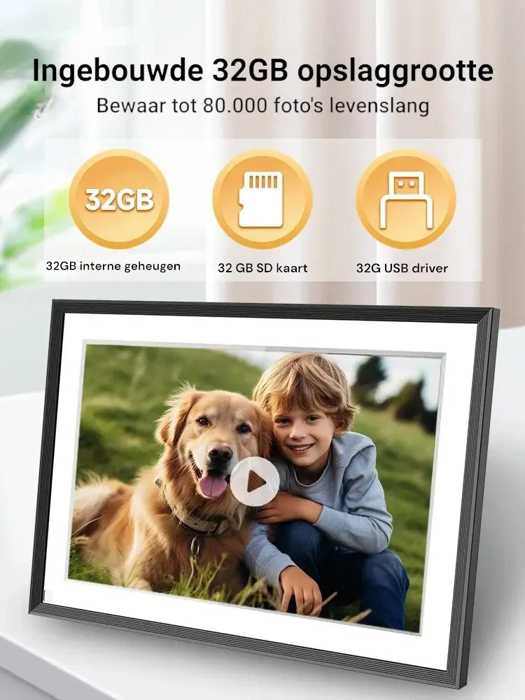 Digitale fotolijst 10 inch – Full HD display, wifi-connectiviteit en ingebouwde opslag. Deel en bekijk je favoriete herinneringen in hoge resolutie, eenvoudig te bedienen en modern design.