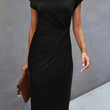 Dames Midi Jurk met Ronde Hals en Geplooide Taille