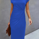 Dames Midi Jurk met Ronde Hals en Geplooide Taille