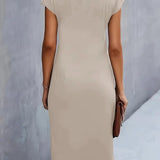Dames Midi Jurk met Ronde Hals en Geplooide Taille