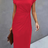 Dames Midi Jurk met Ronde Hals en Geplooide Taille