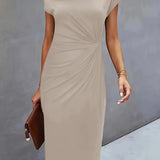 Dames Midi Jurk met Ronde Hals en Geplooide Taille