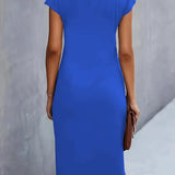 Dames Midi Jurk met Ronde Hals en Geplooide Taille