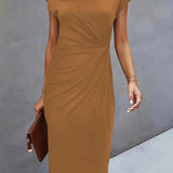 Dames Midi Jurk met Ronde Hals en Geplooide Taille