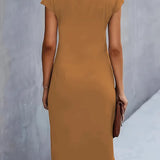 Dames Midi Jurk met Ronde Hals en Geplooide Taille