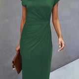 Dames Midi Jurk met Ronde Hals en Geplooide Taille
