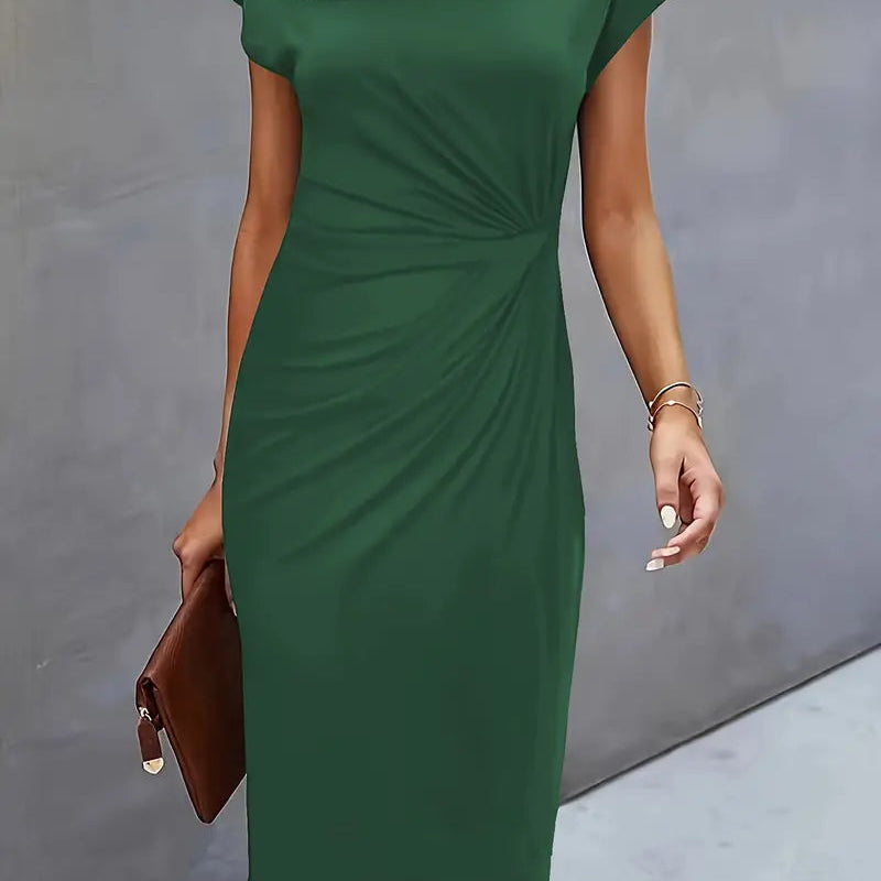 Dames Midi Jurk met Ronde Hals en Geplooide Taille