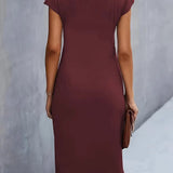 Dames Midi Jurk met Ronde Hals en Geplooide Taille
