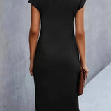 Dames Midi Jurk met Ronde Hals en Geplooide Taille
