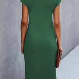 Dames Midi Jurk met Ronde Hals en Geplooide Taille
