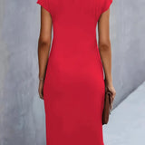 Dames Midi Jurk met Ronde Hals en Geplooide Taille