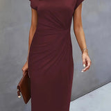 Dames Midi Jurk met Ronde Hals en Geplooide Taille