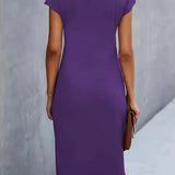Dames Midi Jurk met Ronde Hals en Geplooide Taille
