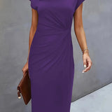Dames Midi Jurk met Ronde Hals en Geplooide Taille