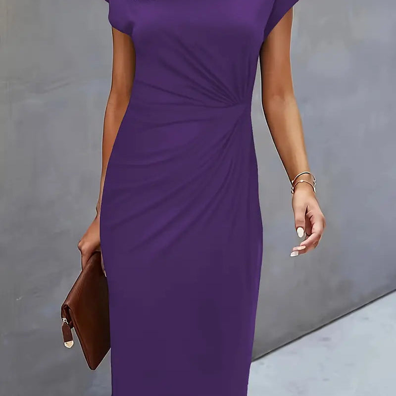 Dames Midi Jurk met Ronde Hals en Geplooide Taille