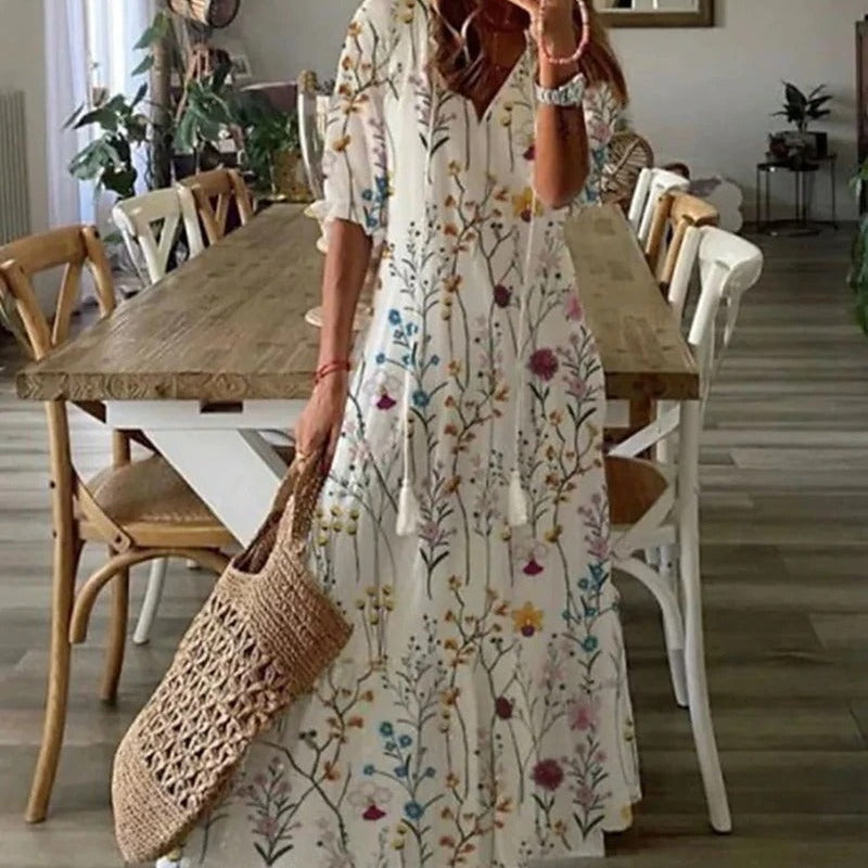 Maxi Jurk met Bloemenprint en V-Hals