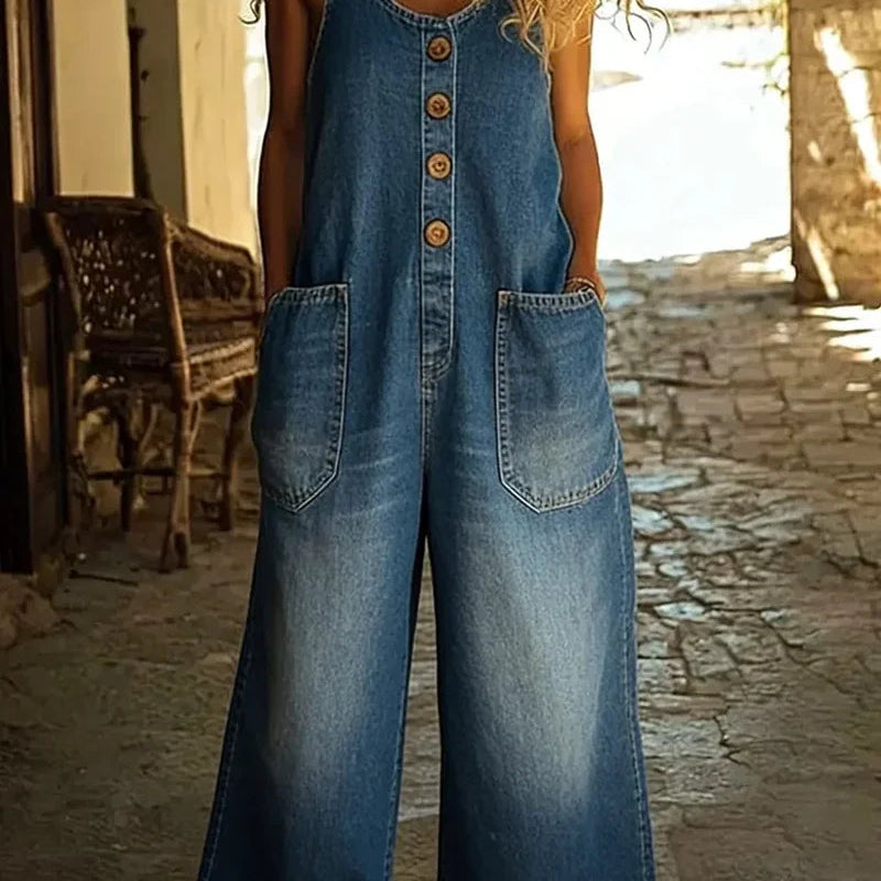 Denim Tuinbroek Jumpsuit met Wijde Pijpen