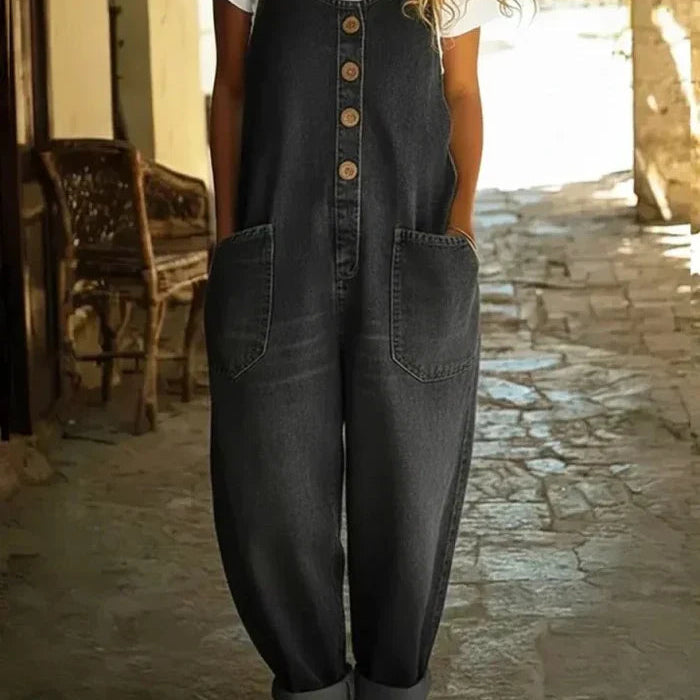 Denim Tuinbroek Jumpsuit met Wijde Pijpen