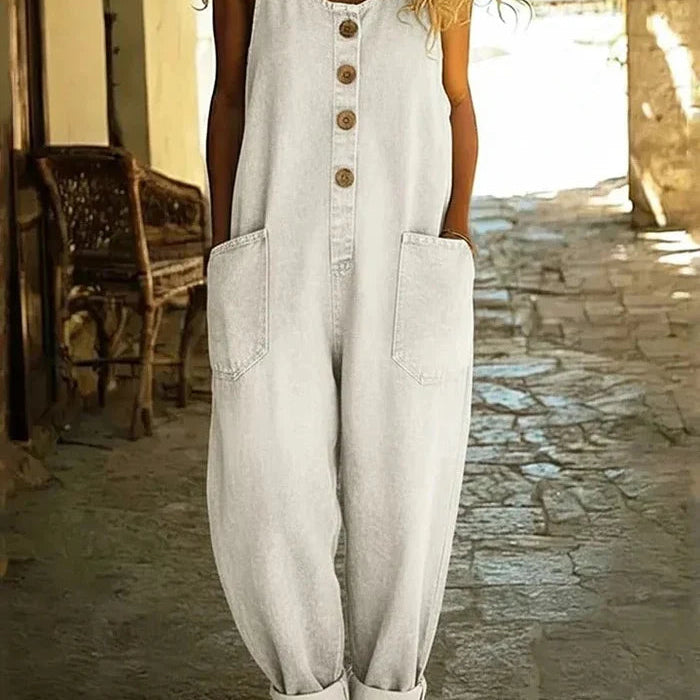 Denim Tuinbroek Jumpsuit met Wijde Pijpen